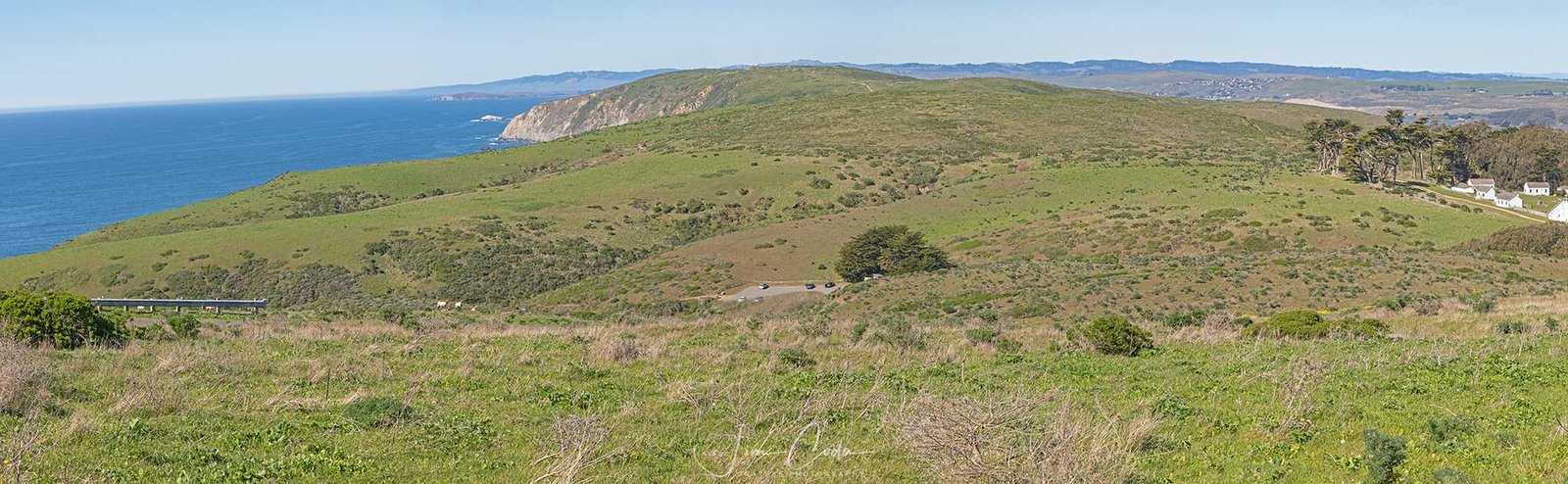 Panoramic photo showing amount of grassy area in elk reserve at Point Reyes National Seashore.