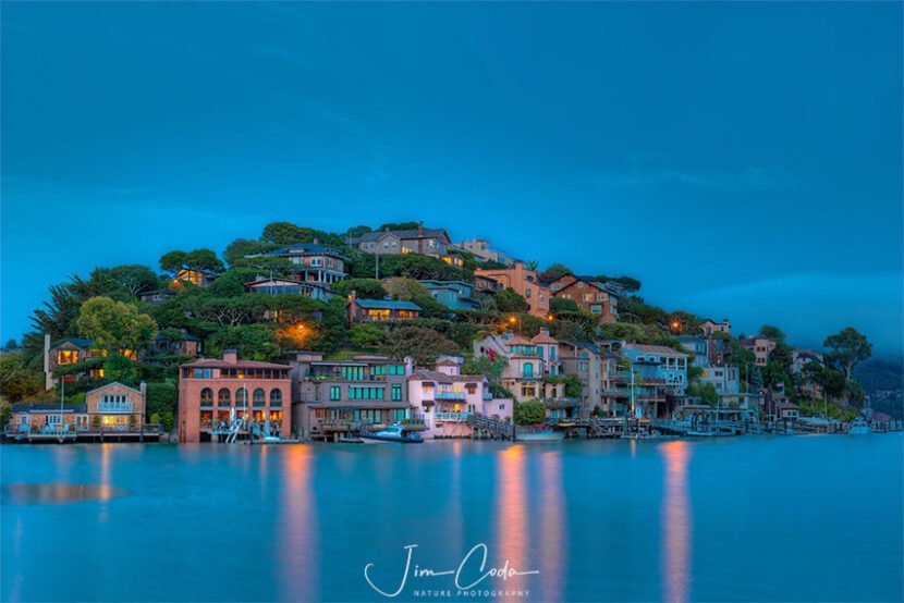 This is a photo of Corinthian Island in Tiburon, California, taken during the blue hour.