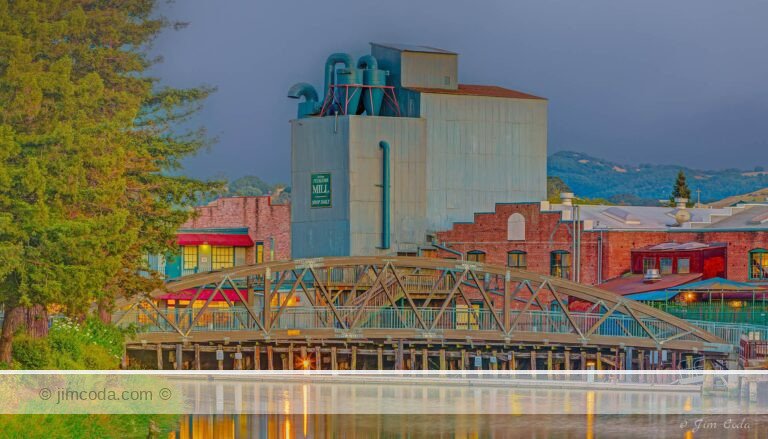 This is a photo of the pedestrian bridge and the Old Petaluma Mill on the Petaluma River.