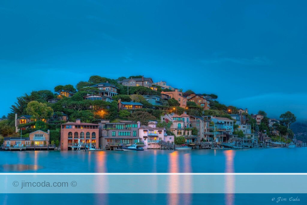 This is a night-time photo of Corinthian Island in Tiburon, California.