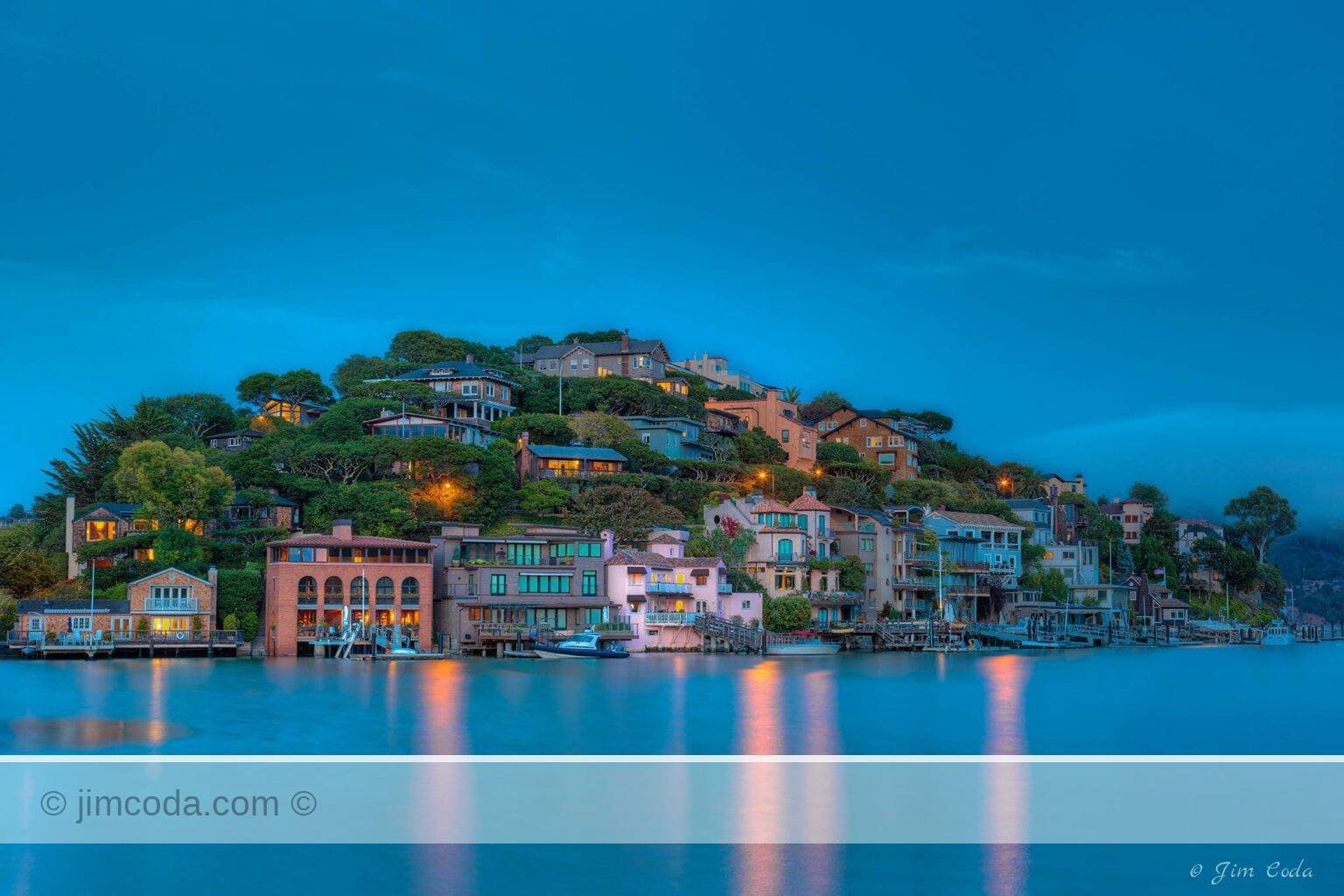 This is a night-time photo of Corinthian Island in Tiburon, California.