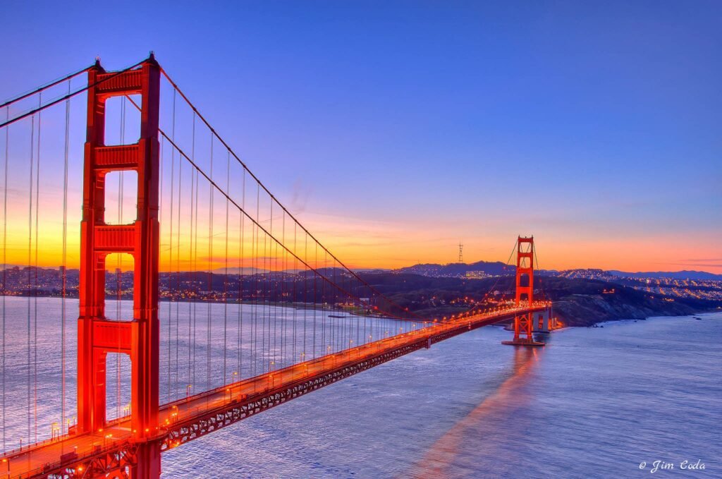 This is a view of the Golden Gate Bridge at sunrise.