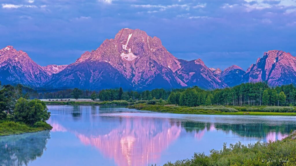 This is a view of Oxbow Bend with Mount Moran and the Teton Range in the background at Grand Teton National Park.