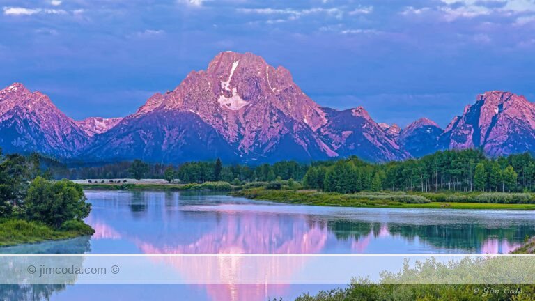 This is a view of Oxbow Bend with Mount Moran and the Teton Range in the background at Grand Teton National Park.