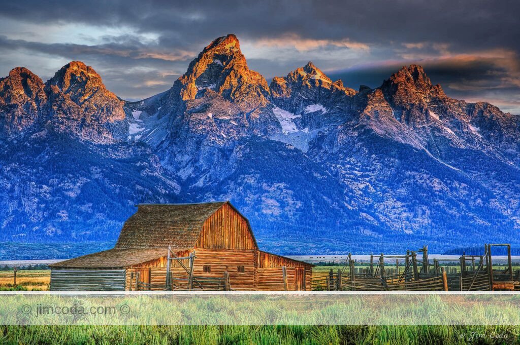 This is a photo of an historic Mormon Barn, the Moulton Barn, with the Grand Tetons in the background.