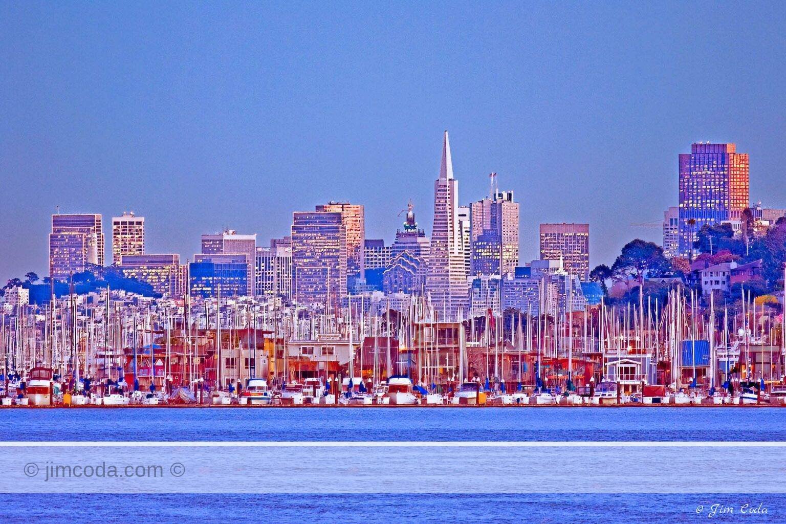 A view of the boats moored in Sausalito and the San Francisco Skyline, California, USA.