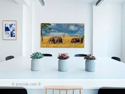 Acrylic print example of a family of elephants moves across the Serengeti savannah.